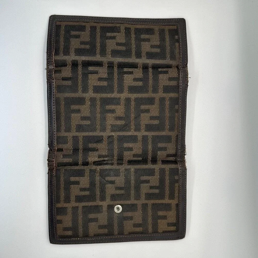 Fendi Zucca Print Canvas Leather Trim Bi Fold Wallet Brown Authentic Designer